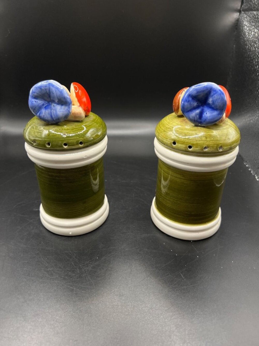 Ceramic Mushroom Salt Pepper Shakers HandPainted Green Base Red Blue Vintage